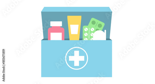 First aid kit with medical supplies, healthcare concept, emergency care, copy space