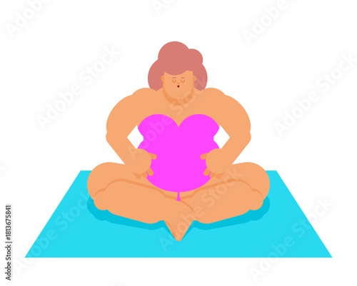 Plus-size woman doing exercise on a yoga mat. Flat vector illustration for body positivity, fitness, health, and active lifestyle.