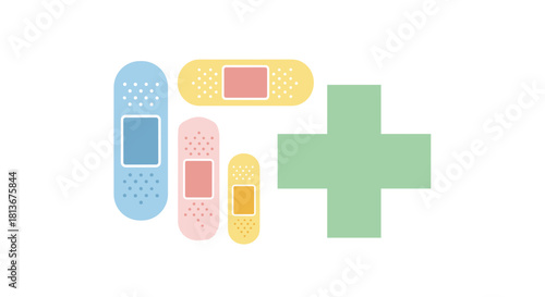 Colorful band-aids and medical cross, first aid concept, healthcare, copy space