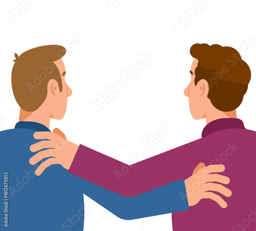 Two men hugging or sharing a friendly embrace/greeting. Flat vector illustration symbolizing friendship, cooperation, support, or social interaction.