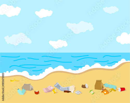 Polluted beach and sea landscape with garbage and trash. Flat vector illustration symbolizing environmental pollution, waste problem, and nature damage.