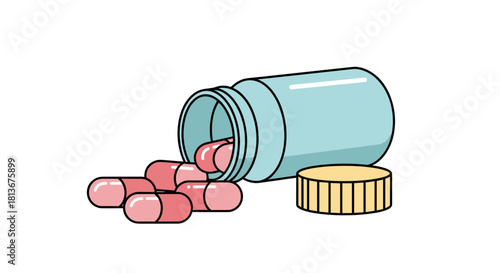 Illustration of a spilled pill bottle with pink capsules next to it