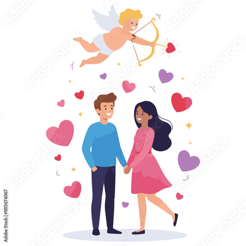 Cupid Shoots Arrow at Diverse Couple Holding Hands with Floating Hearts