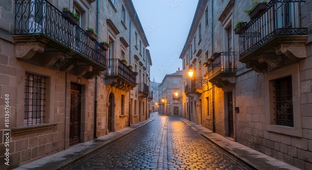 Fototapeta premium Quiet cobblestone street in an old european town at dusk with warm street lights reflecting on wet paving stones.