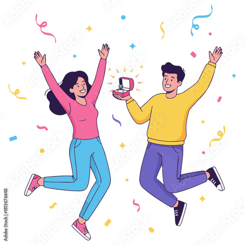 Excited Cartoon Couple Jumping in the Air with Ring Box and Confetti After a Proposal