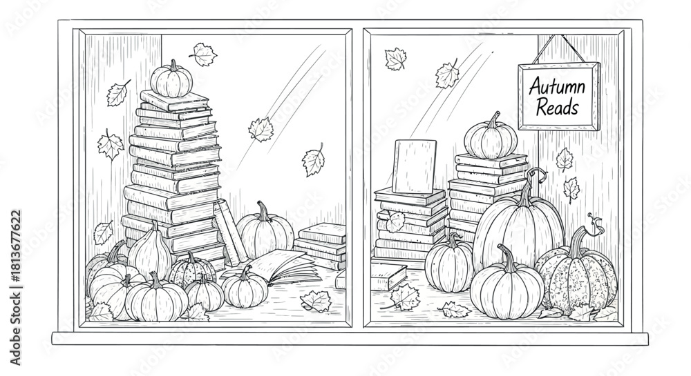 Fototapeta premium Autumn Reads Window Display Line Art with Pumpkins, Books, and Fall Leaves - Coloring Page