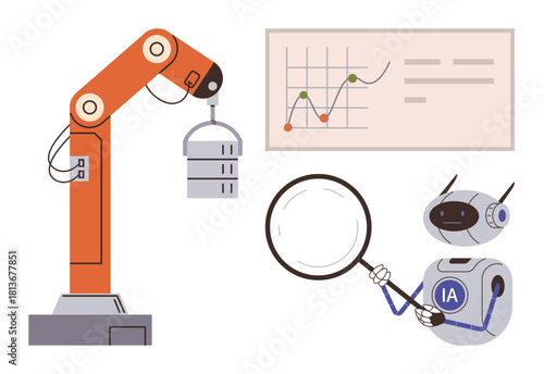 Robotic arm lifting an object, chart analysis on board, AI robots investigating with magnifying glass. Ideal for automation, AI, robotics, research, data analysis industry innovation. Simple flat