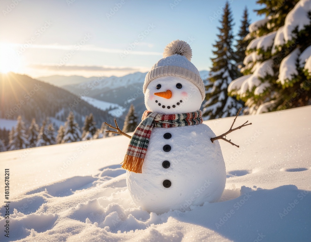 Obraz premium Cute snowman in snowy mountain landscape at sunset, winter wonderland background