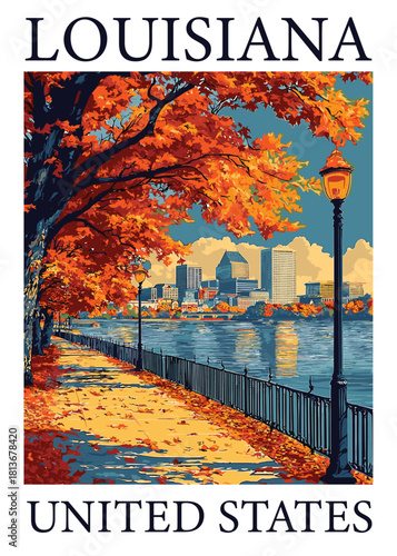 Louisiana city skyline vector illustration from a riverside park in autumn, showing skyscrapers reflecting in the water during fall season.