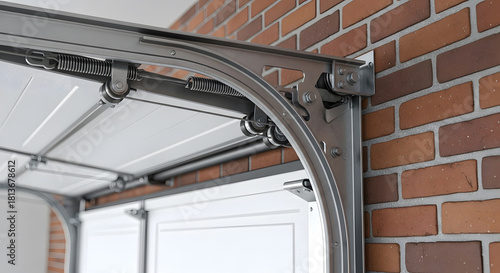 Closeup of a garage door mechanism with springs and rollers against brick wall