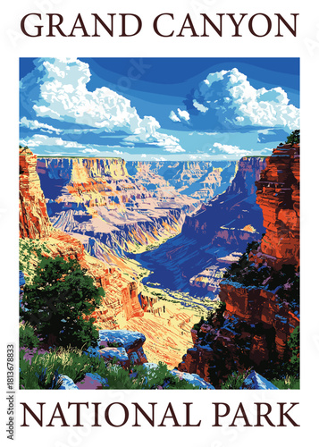Grand Canyon National Park vintage vector poster illustration showcasing a wide daytime panorama of layered red rock formations and cliffs.