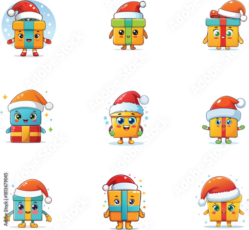 Vibrant collection of cute animated gift box characters, each wearing a festive Santa hat and radiating holiday cheer, perfect for seasonal designs and celebrations