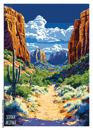 Detailed vector illustration in WPA poster style of a desert trail winding between red canyons in Sedona, Arizona, featuring a Saguaro.
