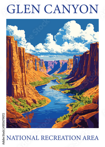 Glen Canyon National Recreation Area retro poster vector illustration of the Colorado River flowing through massive canyons.