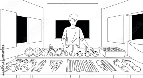 Man Displaying Natural Coconut and Bamboo Craft Materials - Line Art Illustration