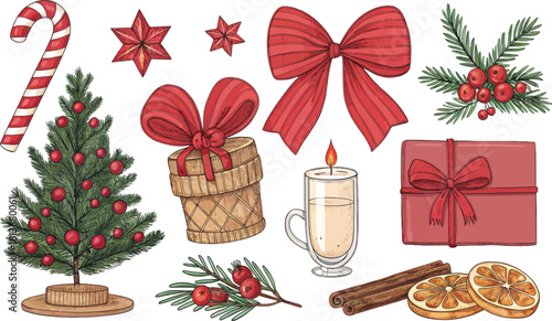 Vector Illustration: Hand-Sketched Christmas Objects Set of Christmas Icons: Mittens, Champagne Flutes, Gifts, and Tree with Red Ribbon