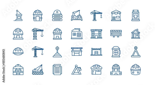 Collection of construction related icons in a clean blue outline style