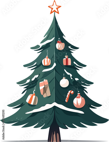 Vibrant Christmas tree illustration adorned with festive ornaments, a shining star, and a gentle dusting of snow, symbolizing holiday cheer and winter celebrations