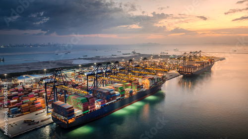 Aerial view of container terminal and cargo ship with crane bridge for logistics import and export cargo background.