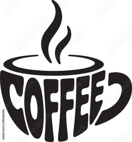 "Word Art Coffee Illustration Coffee Shop Branding Element — Monochromatic Hot Coffee Text Logo Decal Vector Graphic for Cafe Window Signage and Business Identity