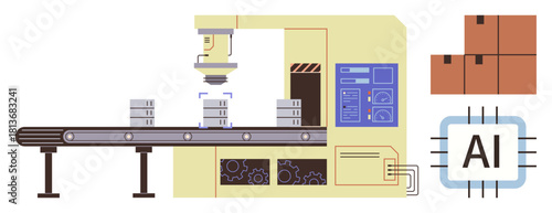 Robotic arm sorting items on conveyor belt, warehouse control panel, packages, and AI chip. Ideal for automation, robotics, AI, logistics manufacturing efficiency innovation. Simple flat metaphor