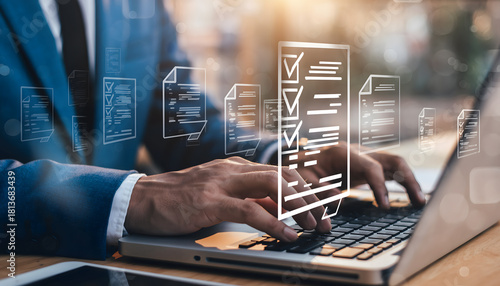 Streamline workflow with digital checklist, businessman using laptop for efficient task management and document control, promoting productivity and organization