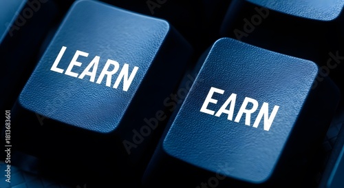 Close up of keyboard keys with the words L E A R N and E A R N learn earn
