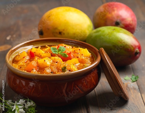 Delicious Mango Chutney in Ceramic Bowl with Fresh Mangoes on Wooden Surface