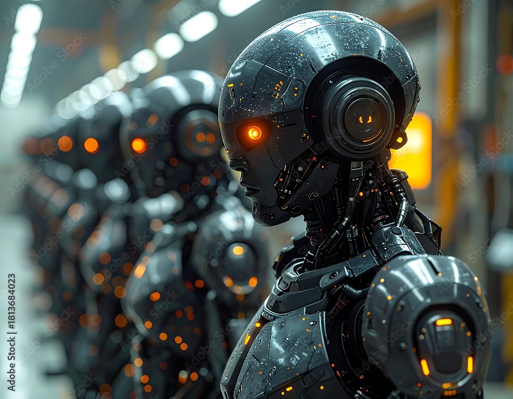 Fototapeta premium Metallic robots in a factory line with glowing eyes