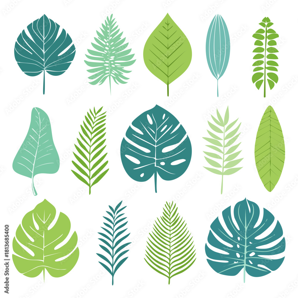 Obraz premium Botanical Leaves Vector Set – Elegant Line Art with Soft Flat Colors