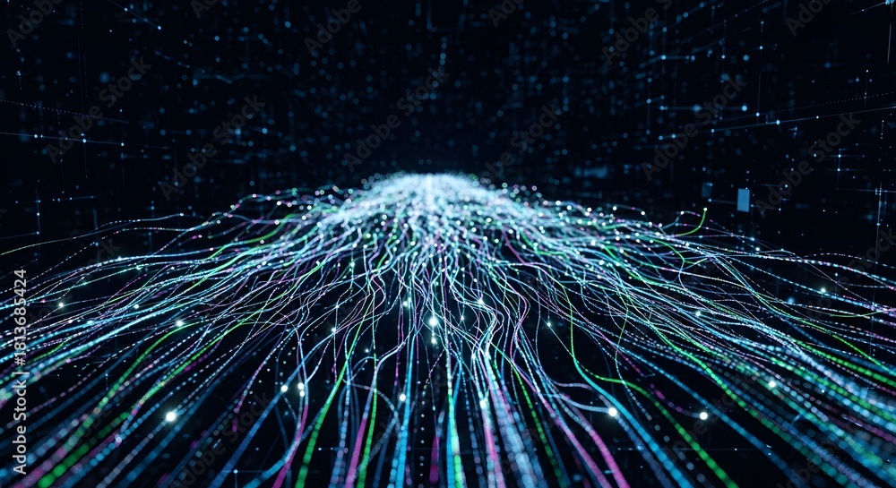 Fototapeta premium Abstract Digital Network Flow of Data Streams with Glowing Particles.