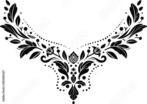 Black floral leaf ornamental design with dots white