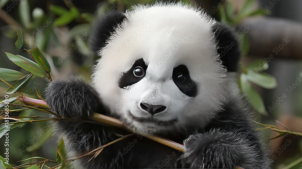Obraz premium Cute Panda Cub Holding Bamboo Close-up, Black-White Fur and Round Eyes for Animal Themes and Nature Conservation