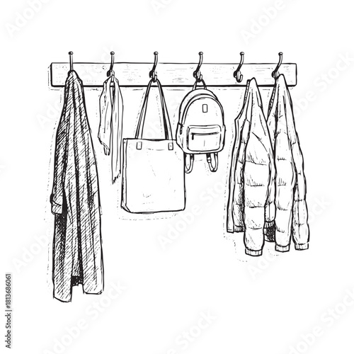 Hand drawn vector sketch of coat rack on wall. Row of hooks with hanging clothes, jackets, coats, backpack and bags. Hallway interior design illustration doodle.
