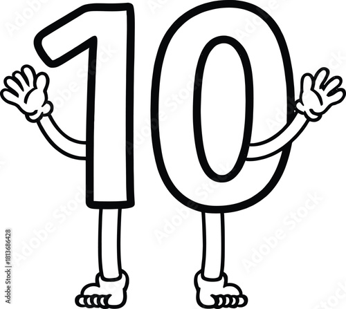 Cartoon number ten character with arms and legs number 10
