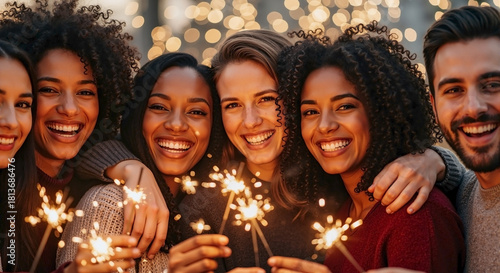 New year hugs friends celebrating with sparklers, smiling with joy. New year hugs convey cheerful, friendship and togetherness.