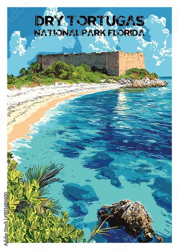 Vector illustration of Fort Jefferson in Dry Tortugas National Park, Florida, situated on the coastline above crystal clear turquoise water and a white sandy beach.