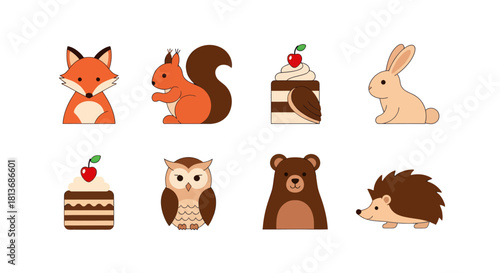Cartoon animals and desserts illustration set on white background