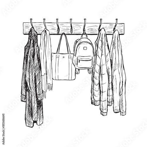 Hand drawn vector sketch of coat rack on wall. Row of hooks with hanging clothes, jackets, coats, backpack and bags. Hallway interior design illustration doodle.
