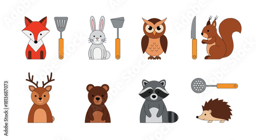 Cartoon animals and kitchen utensils in vector style for various designs