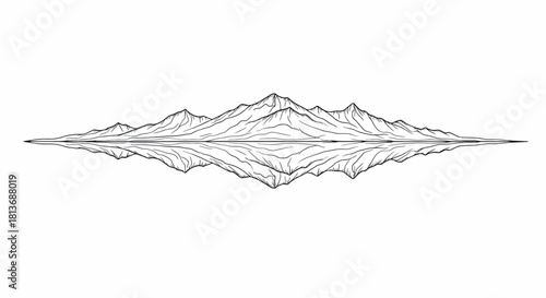 Minimalist Mountain Range Line Art with Symmetrical Water Reflection - Hand Drawn Outline Landscape Vector