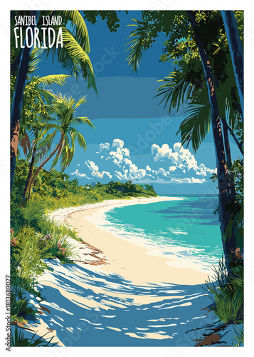 Sanibel Island, Florida, secluded white sand beach viewed through lush tropical jungle foliage, vintage vector travel poster style.