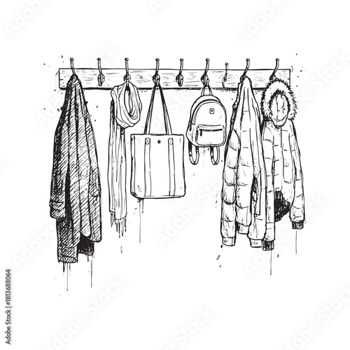 Hand drawn vector sketch of coat rack on wall. Row of hooks with hanging clothes, jackets, coats, backpack and bags. Hallway interior design illustration doodle.
