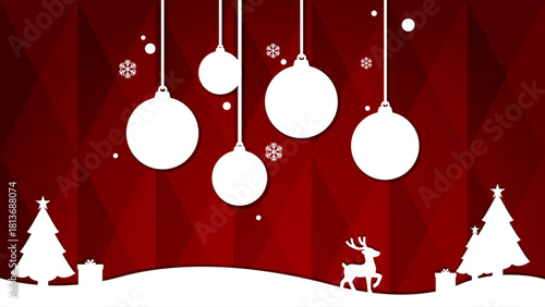 Elegant festive paper cut Christmas background with hanging ornaments winter trees reindeer silhouette modern holiday design for greeting cards posters invitations printable high resolution