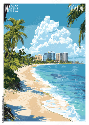 Vector illustration depicting a wide sandy beach in Naples, Florida, with gentle turquoise waves, palm trees, and modern high-rise buildings lining the distant shore.