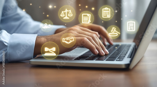 Professional types on laptop, navigating legal matters with modern technology and digital solutions for business success and streamlined workflows