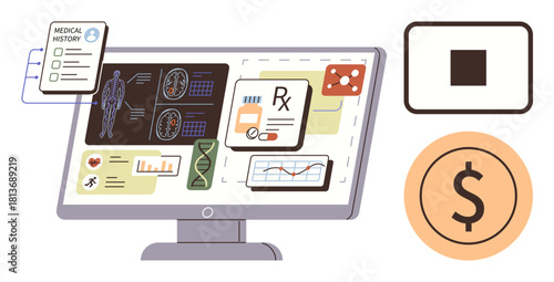 Computer screen displaying medical history, diagnostic scans, prescription data, and charts alongside monetary and visual indicators. Ideal for telemedicine, healthcare, data analysis, diagnostics