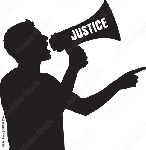 Man shouting justice through megaphone pointing finger activism human rights awareness protest demonstration