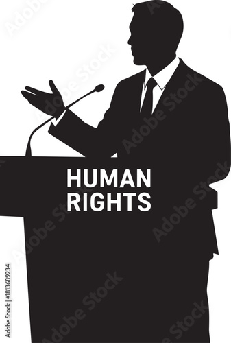 Silhouette of a speaker at a podium promoting human rights awareness and global justice