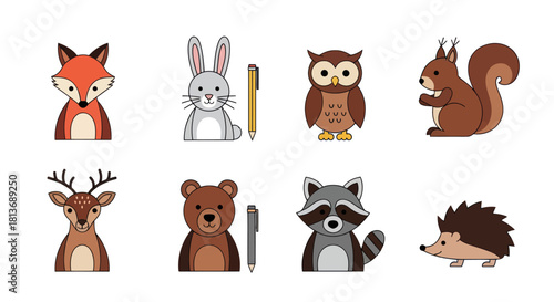 Cartoon animals illustration set fox rabbit owl squirrel deer bear raccoon hedgehog